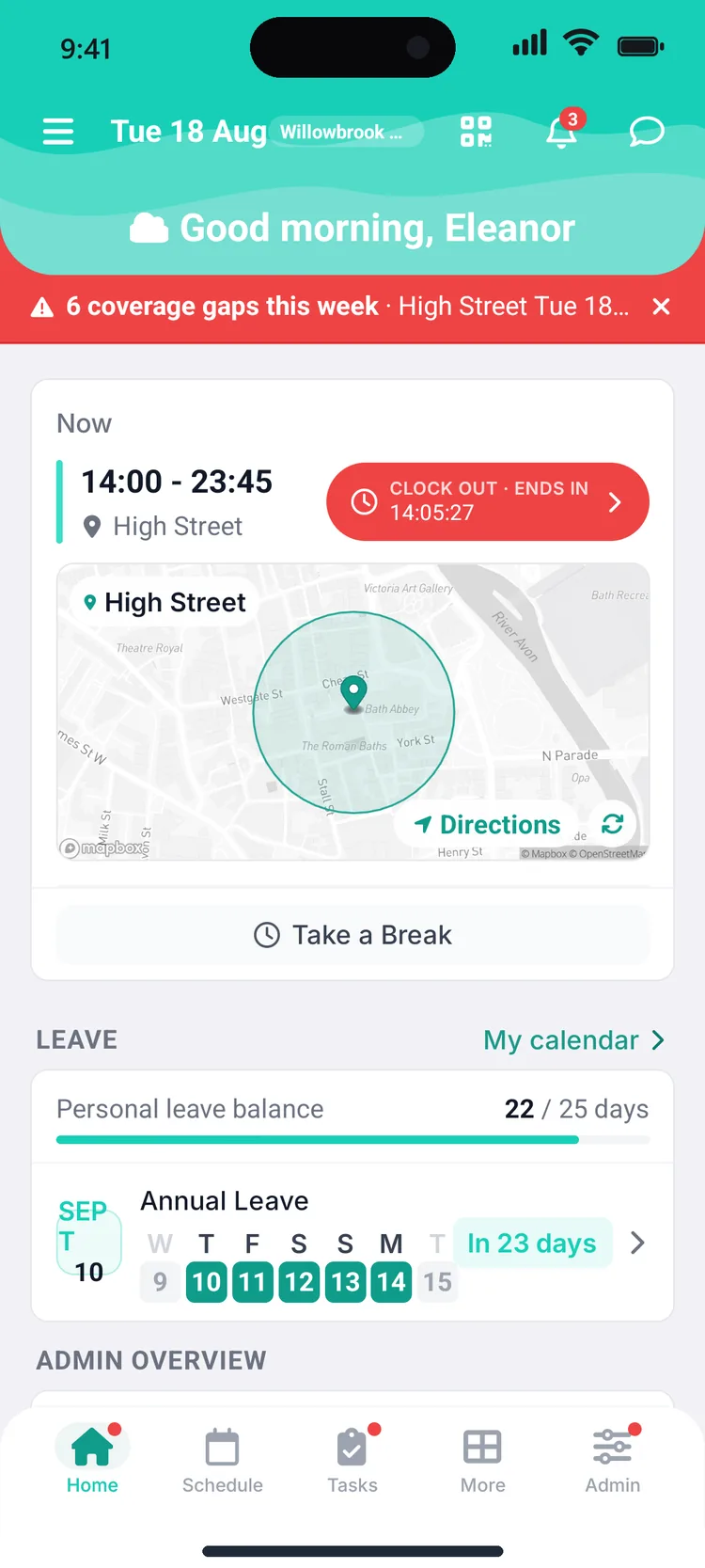 Zero home screen: today’s shift with a geofence map of the branch, leave balance and admin overview