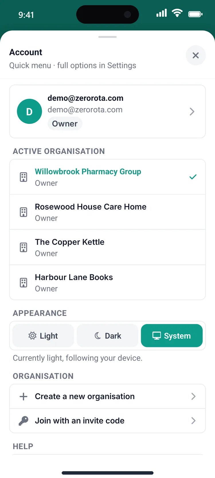 Organisation switcher listing four businesses under one account