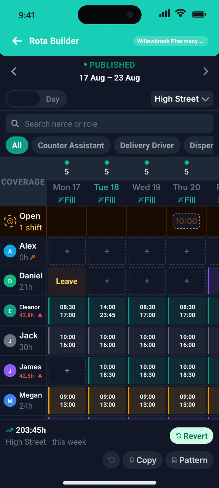 Rota builder in dark mode with glowing colour-coded shift pills
