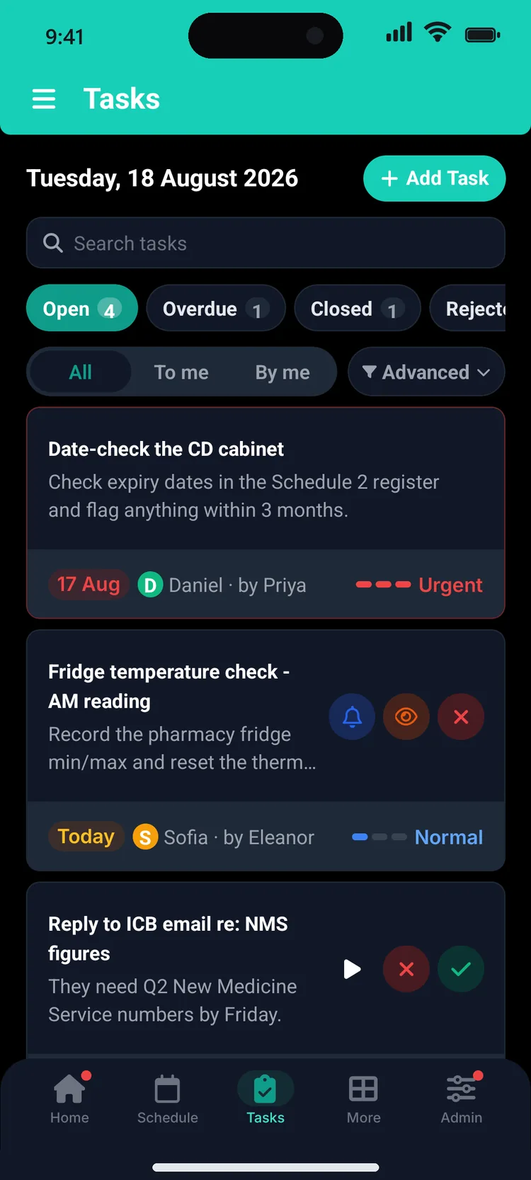 Tasks screen in dark mode with an urgent overdue task