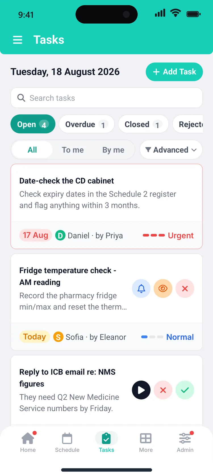 Zero tasks screen with a daily fridge temperature check, priorities and due dates